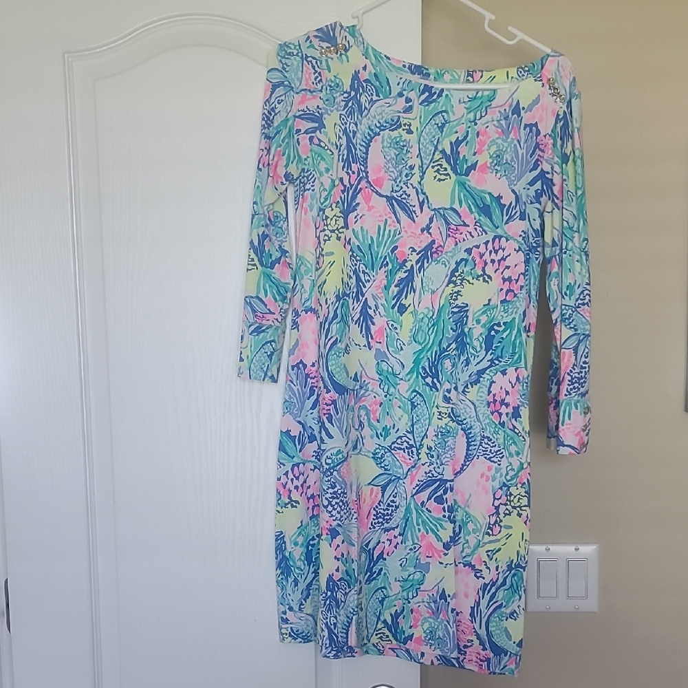 Lilly Pulitzer Blue Pink Sheath Dress 3/4 Sleeve